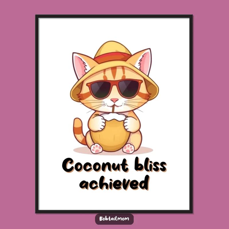 Funny Bobtail Cat Tropical Digital Art Print: Hilarious Coconut Wall Decor