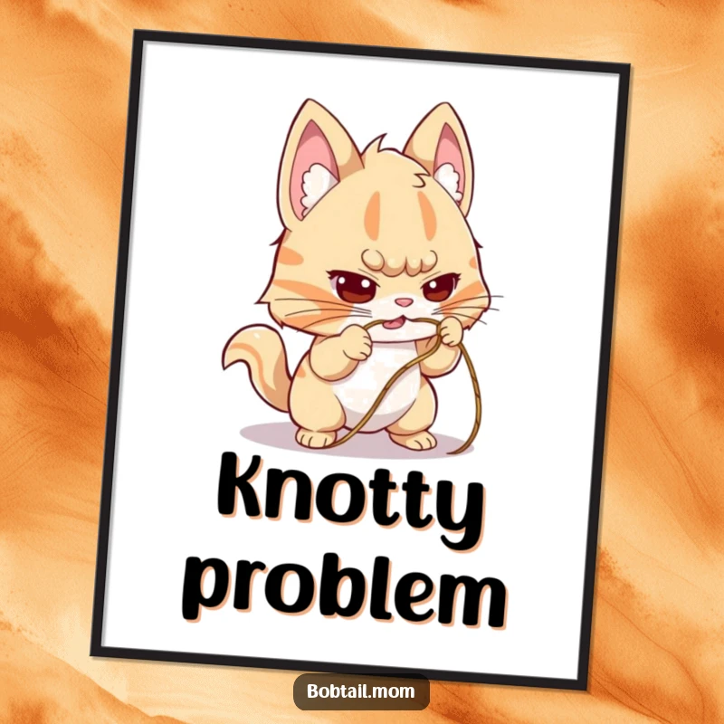 Funny Bobtail Digital Art Print of a dog with a determined expression, trying to untangle a string, offering instant motivational decor and humor.