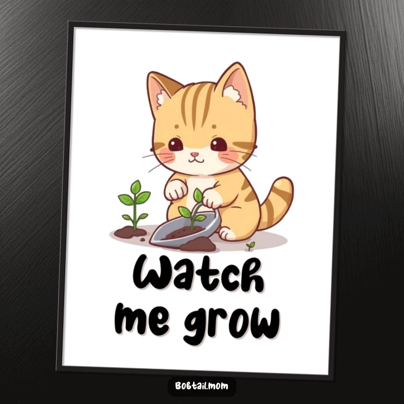 Funny bobtail cat planting a small sprout with a gardening trowel, printable digital art for garden decor.