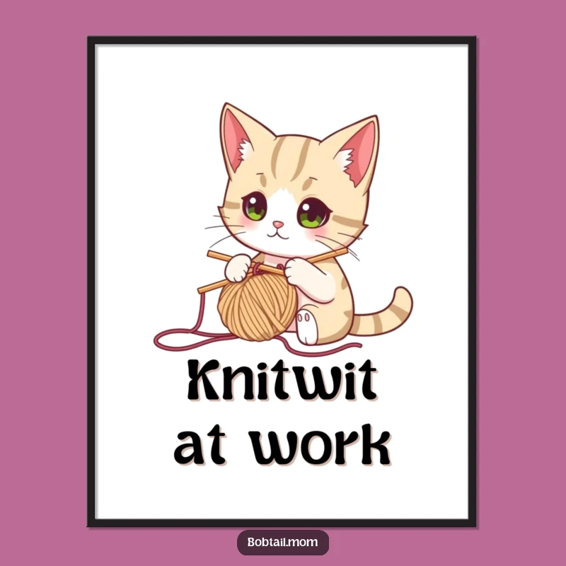 Funny Knitting Cat Digital Art: Bobtail Cat's Focused Craft Decor