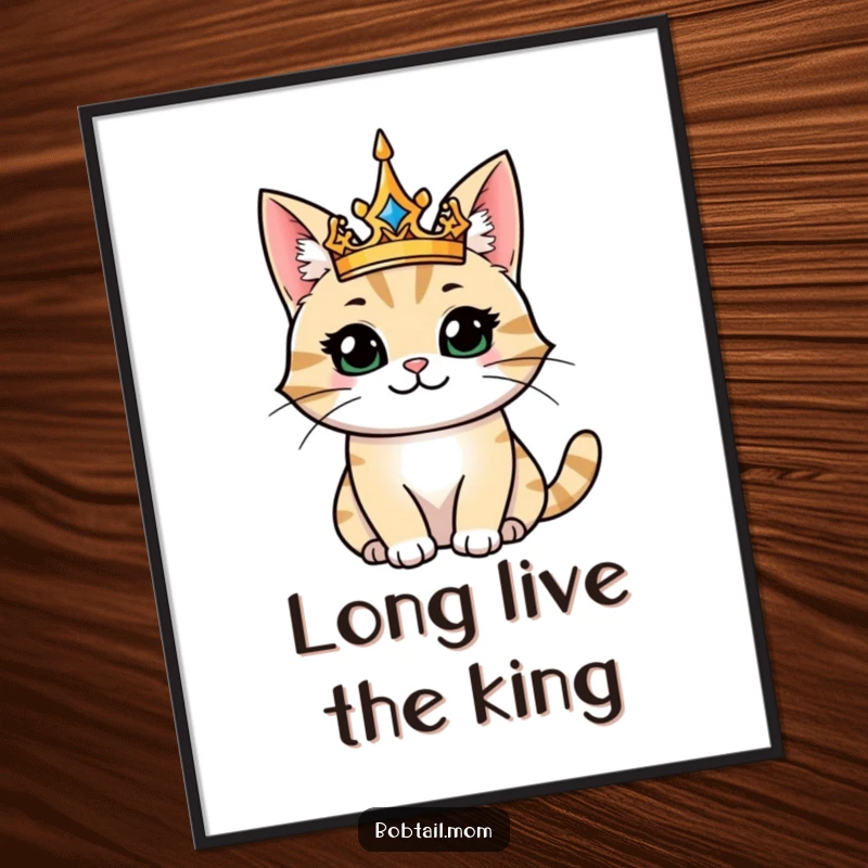 Funny digital art print of a majestic bobtail cat wearing a crown, exuding playful royalty and happiness, ideal for wall decor.
