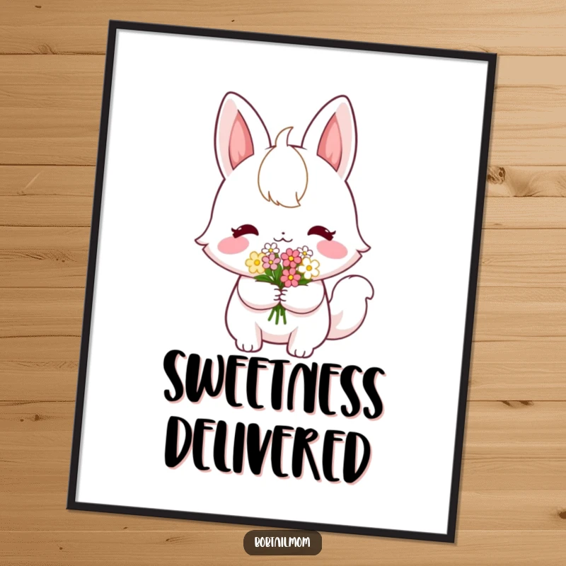 Funny Bobtail Digital Art Print: A shy bobtail cat offering flowers, ready for heartwarming and humorous decor.