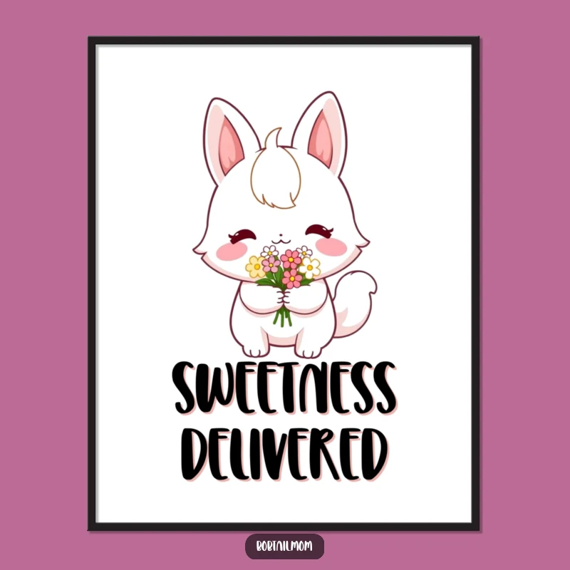 Funny Shy Bobtail Flower Digital Print: Sweet Feline Art, a Hilarious Instant Decor Gift