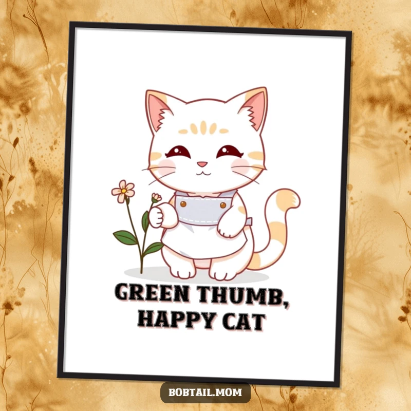 Funny Bobtail cat in a cute apron gently tending a small blooming flower. Humorous digital art, perfect for gardeners, a fun gift.