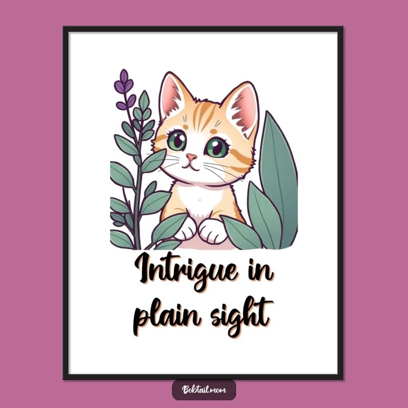 Funny Bobtail Cat Plant Peek Digital Art - Instant Download for Whimsical Decor
