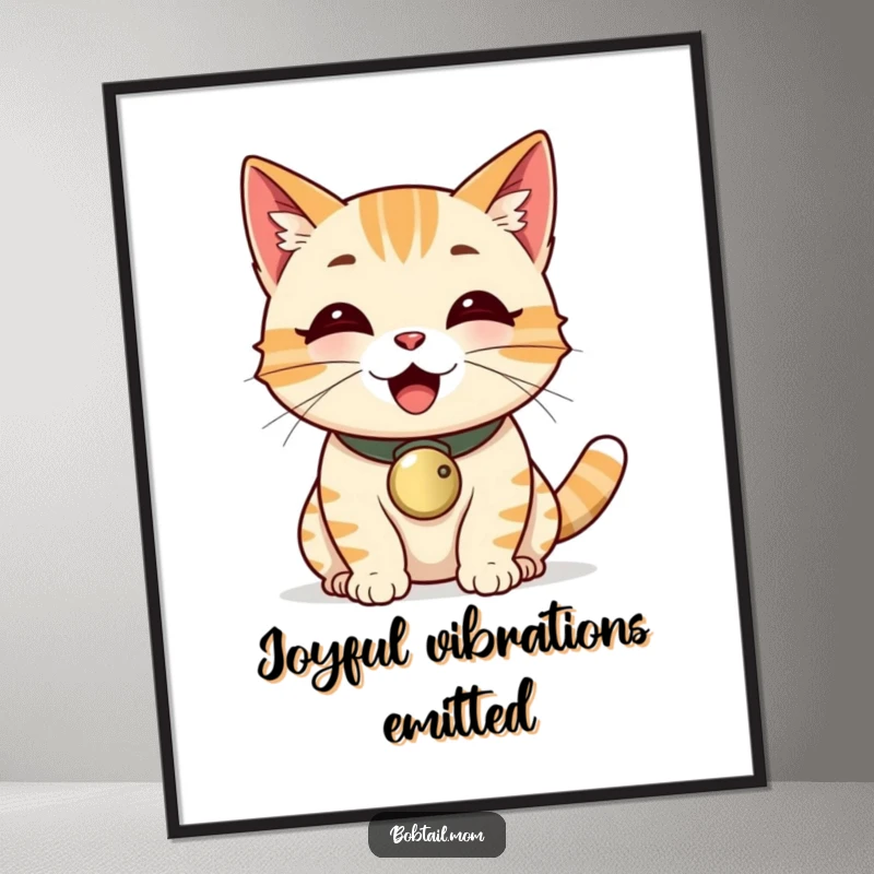 Funny Bobtail cat with a bell collar, purring loudly, available as instant digital art.