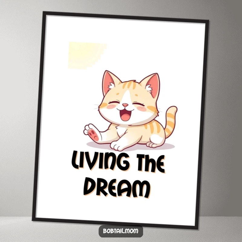 Funny digital art of a cute Bobtail cat stretching and yawning in the sunlight, ready for instant download.
