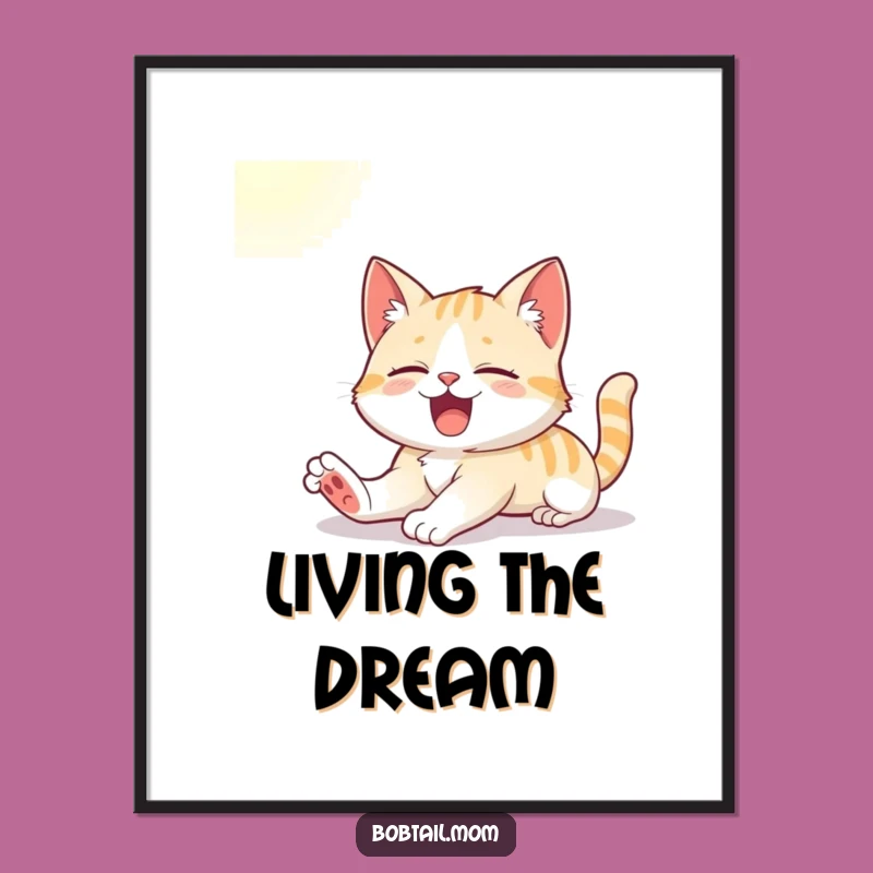 Funny Bobtail Cat Digital Art: Cute Cat Yawning in Sunlight