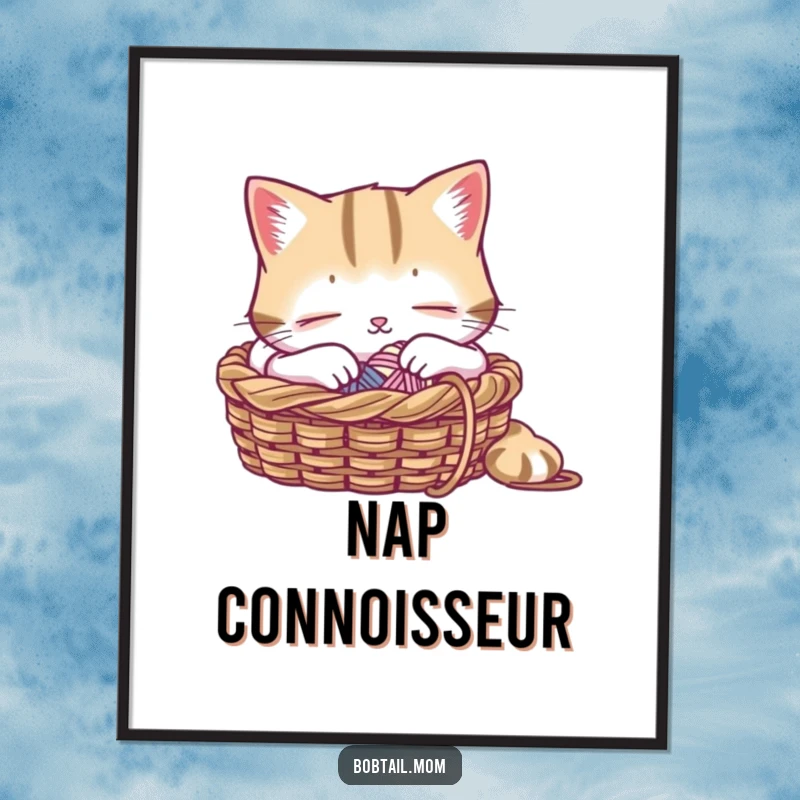 Funny digital art print of a Bobtail cat peacefully napping in a knitting basket, a heartwarming and humorous illustration.