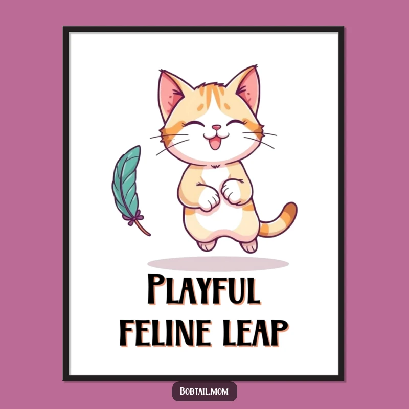 Funny Bobtail Cat Digital Art: Playful Leap Character Print, Instant Gift