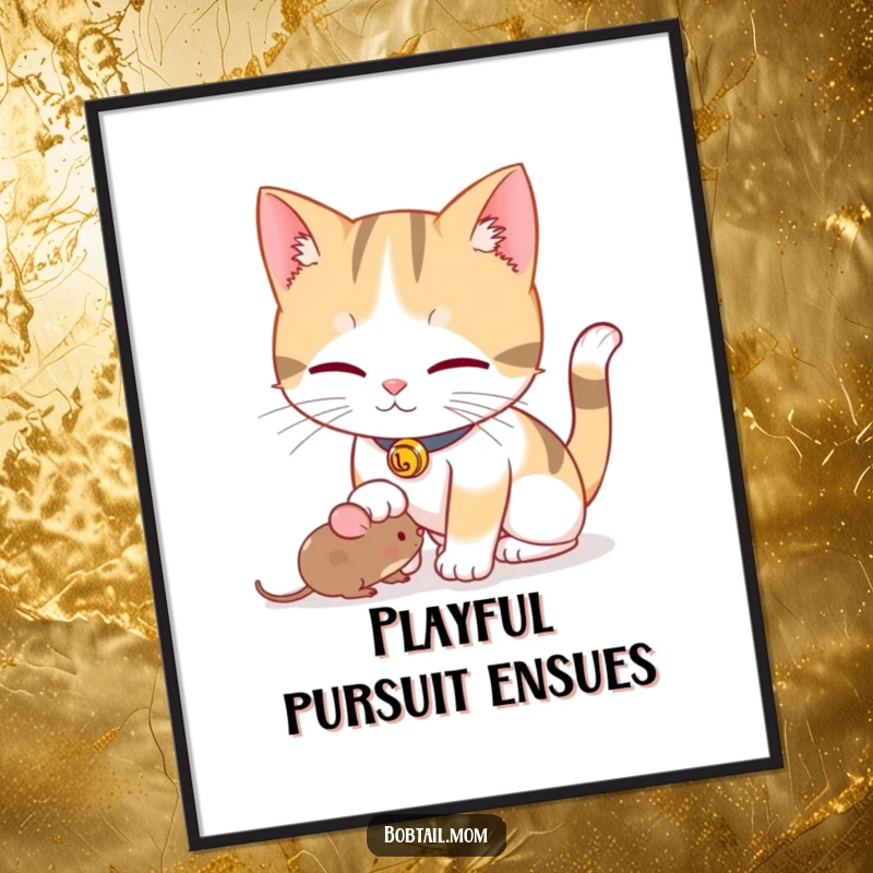 Funny Bobtail cat with a bell collar playfully nudging a toy mouse, available as a high-resolution digital art print.