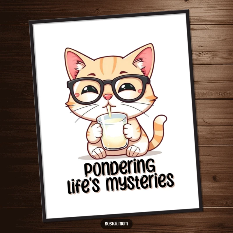 Funny digital art print of a Bobtail cat wearing reading glasses and sipping milk, a sophisticated and humorous illustration.