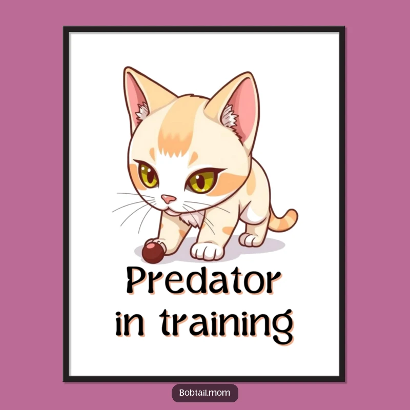 Funny Bobtail Cat Digital Art: Determined Hunter Wall Decor, Instant Gift