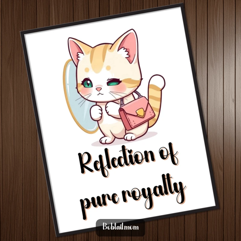 Funny Bobtail cat with a tiny purse looking into a mirror. Humorous digital art, perfect for stylish cat lovers, a fun gift.