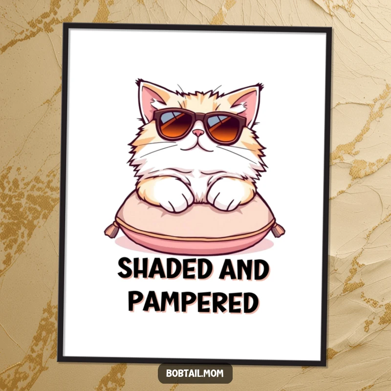 Funny Bobtail cat digital art print of a fluffy cat in oversized sunglasses lounging, perfect for instant cool decor.