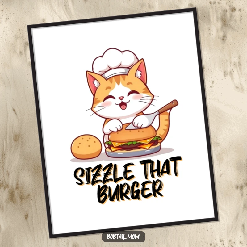 Funny digital art print of a bobtail cat chef wearing a hat, joyfully flipping a burger, ready to add humor to walls.