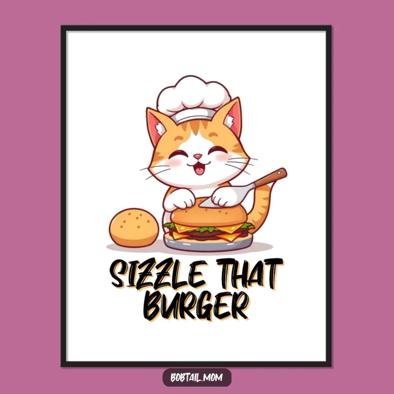 Funny Bobtail Cat Chef Digital Art Print: Hilarious Burger Flipping Wall Decor