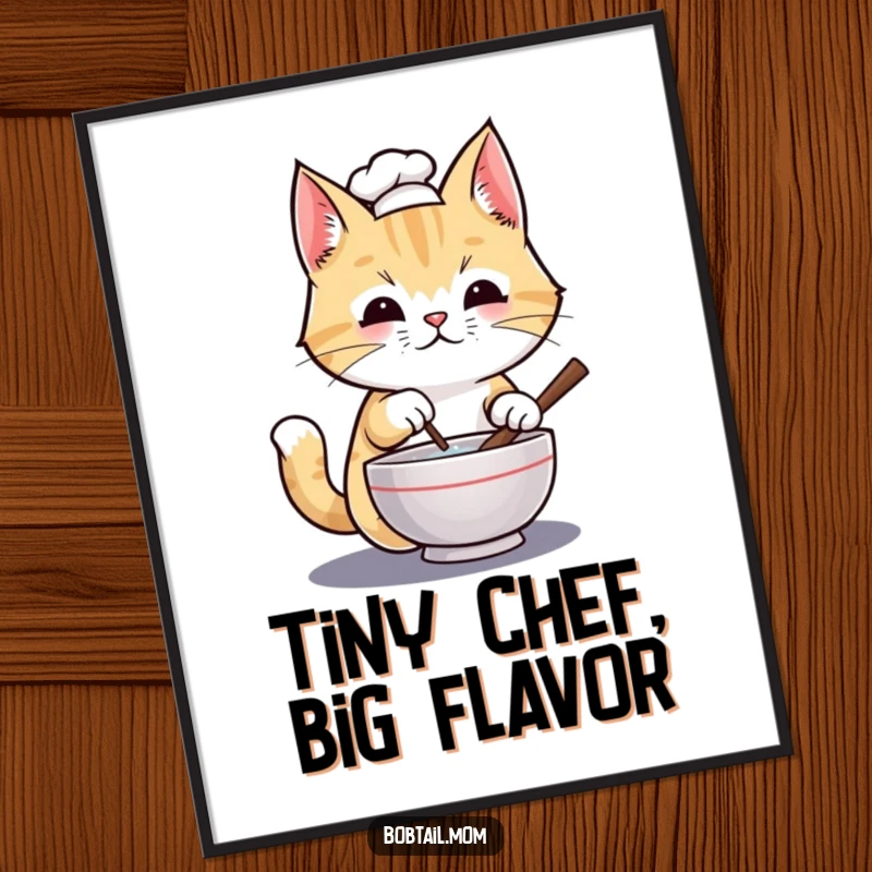 Funny Bobtail cat chef wearing a tiny hat, stirring a miniature bowl, available as a high-resolution digital art print.