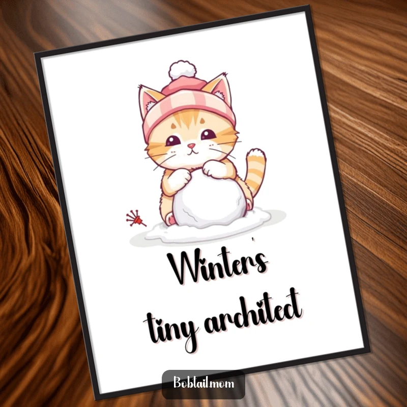 Funny digital art print of a bobtail cat wearing a winter hat, building a tiny snowball, designed to add winter charm.