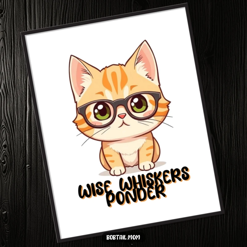 High-resolution digital art print of a funny bobtail cat wearing large glasses, looking very curious.