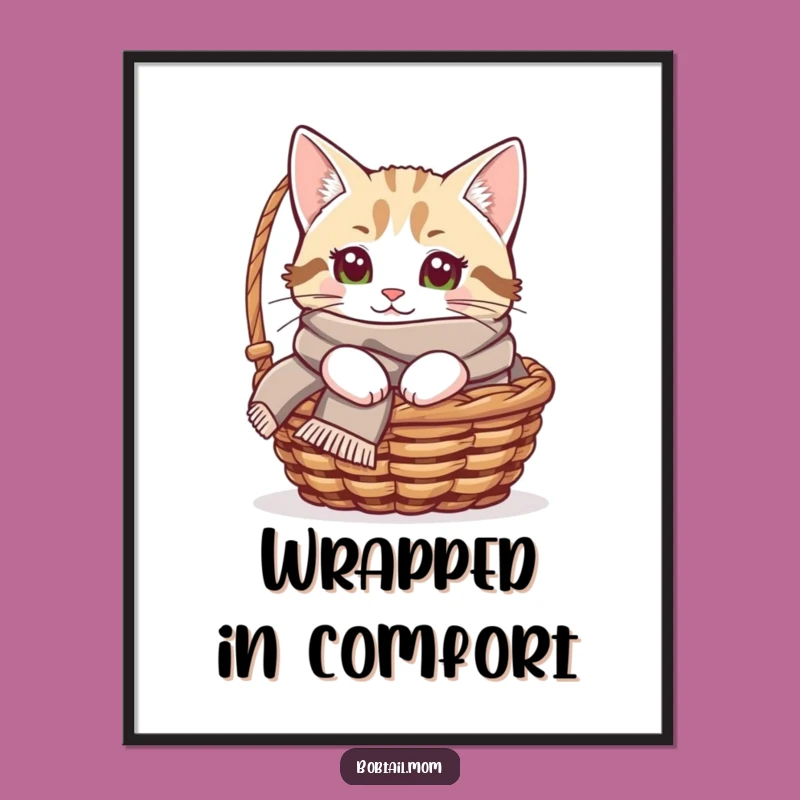 Funny Bobtail Cat Scarf Digital Print - Instant Cozy Kitty Decor Gift