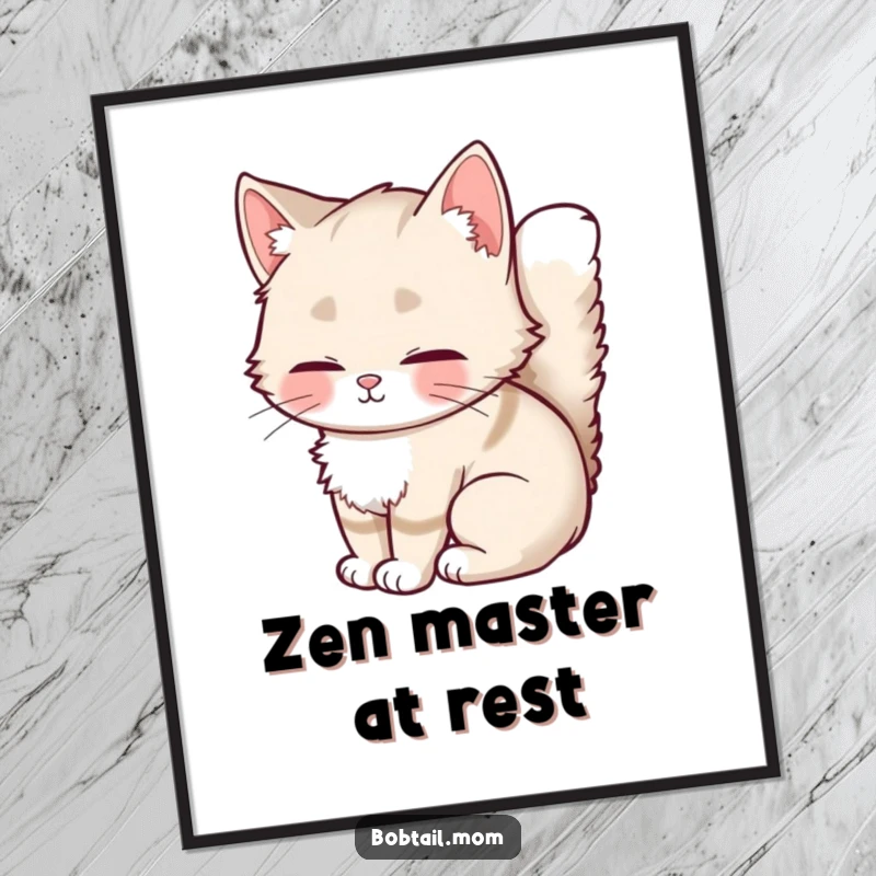 Funny Bobtail Cat Digital Art Print of a fluffy-tailed cat curled up, offering a charming and humorous visual for any space.