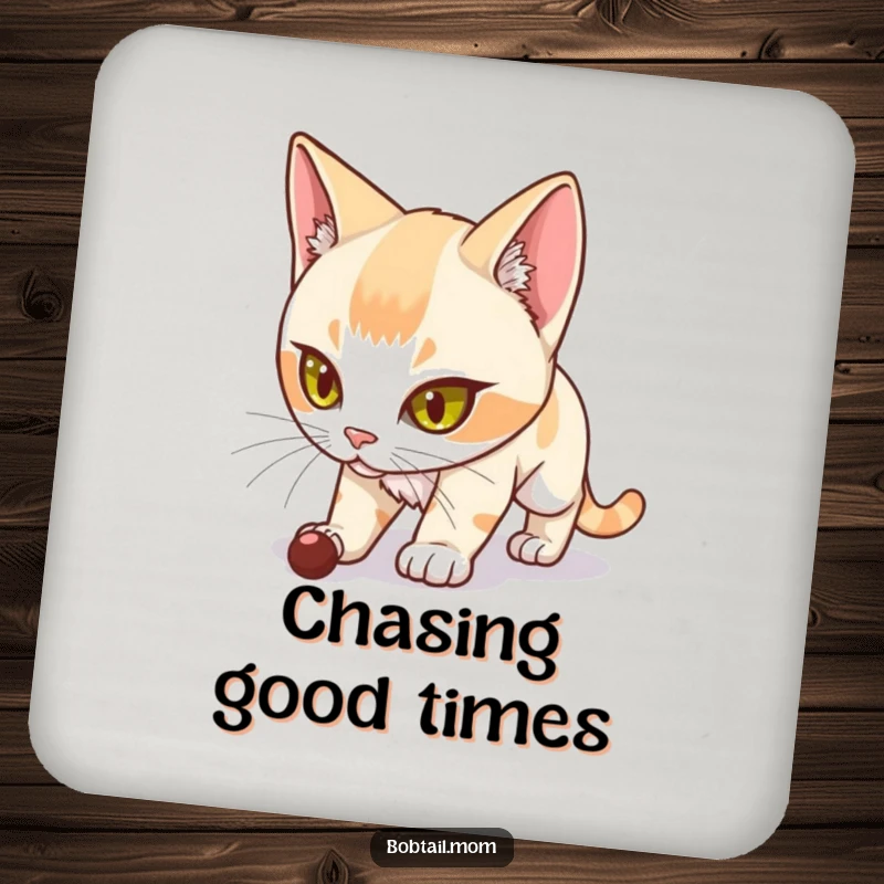 Funny Bobtail Cat Coaster featuring a determined Bobtail cat stalking, offering humorous surface protection with feline focus.