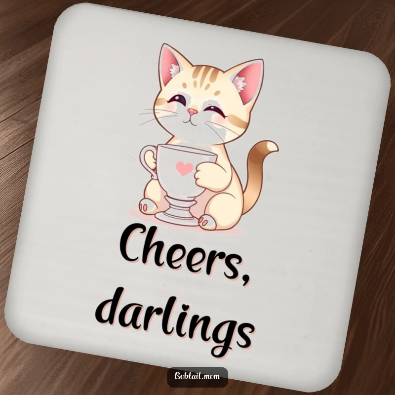 Funny Bobtail cat posing elegantly with a miniature teacup, offering sophisticated and humorous surface protection.