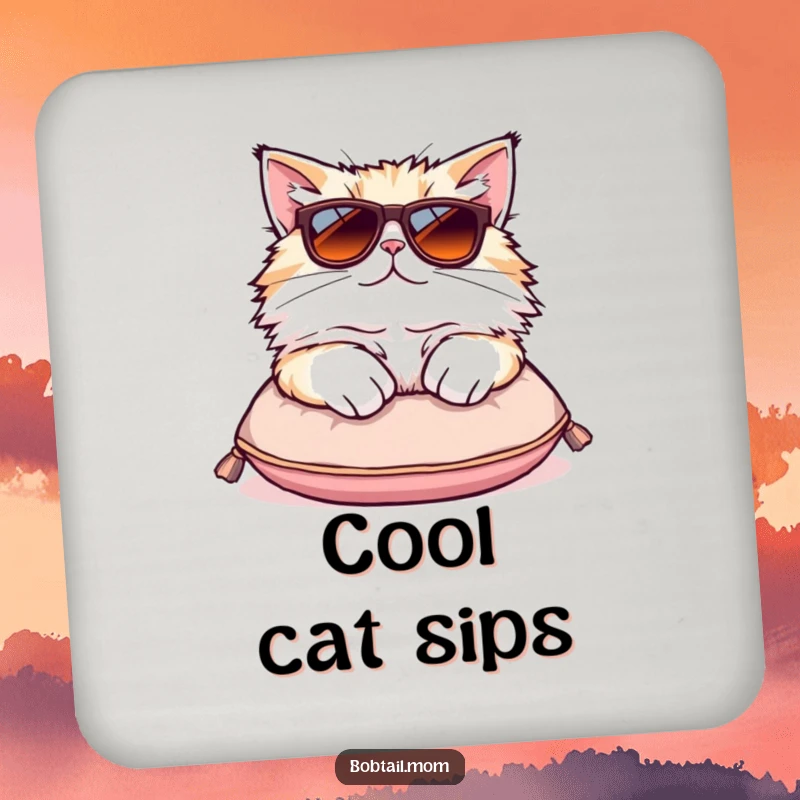Funny Bobtail cat coaster showing a fluffy cat in oversized sunglasses lounging on a cushion, adding cool humor.