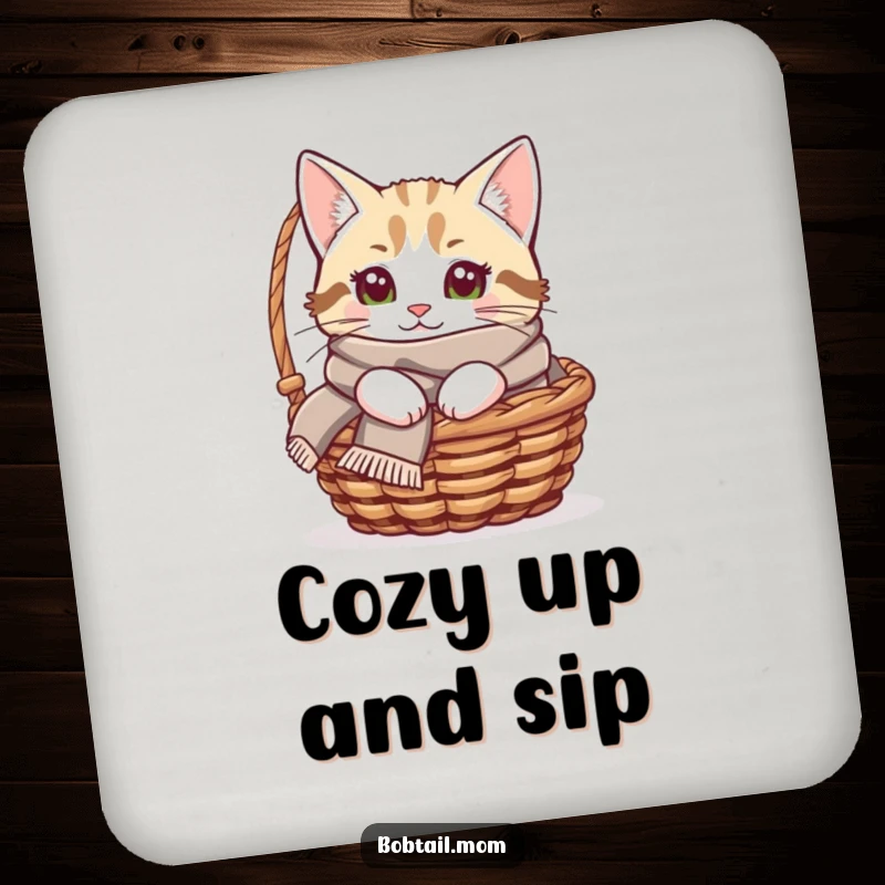 Funny Bobtail cat coaster showing a cat with a cozy scarf peeking from a basket, perfect for adding cozy humor.