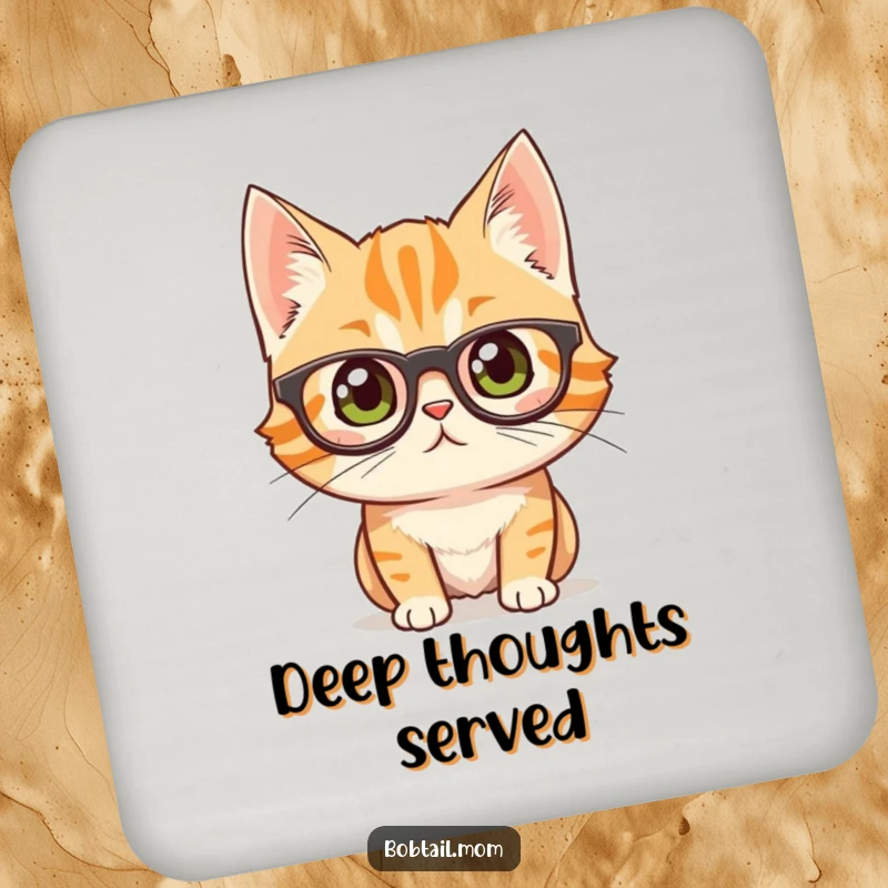 Funny bobtail cat wearing glasses, looking curious, protecting surfaces with a set of drink coasters.