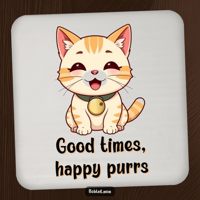 Funny Bobtail cat wearing a bell collar, purring loudly, printed on a protective drink coaster.