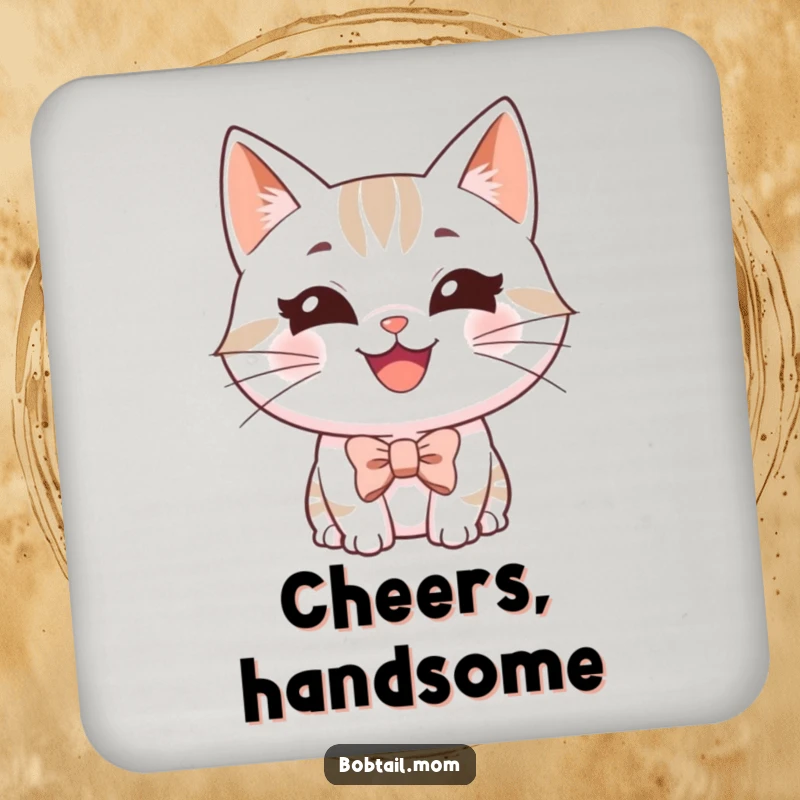 Funny Bobtail cat coaster showing a happy, grinning cat wearing a tiny bowtie, perfect for adding charming humor.
