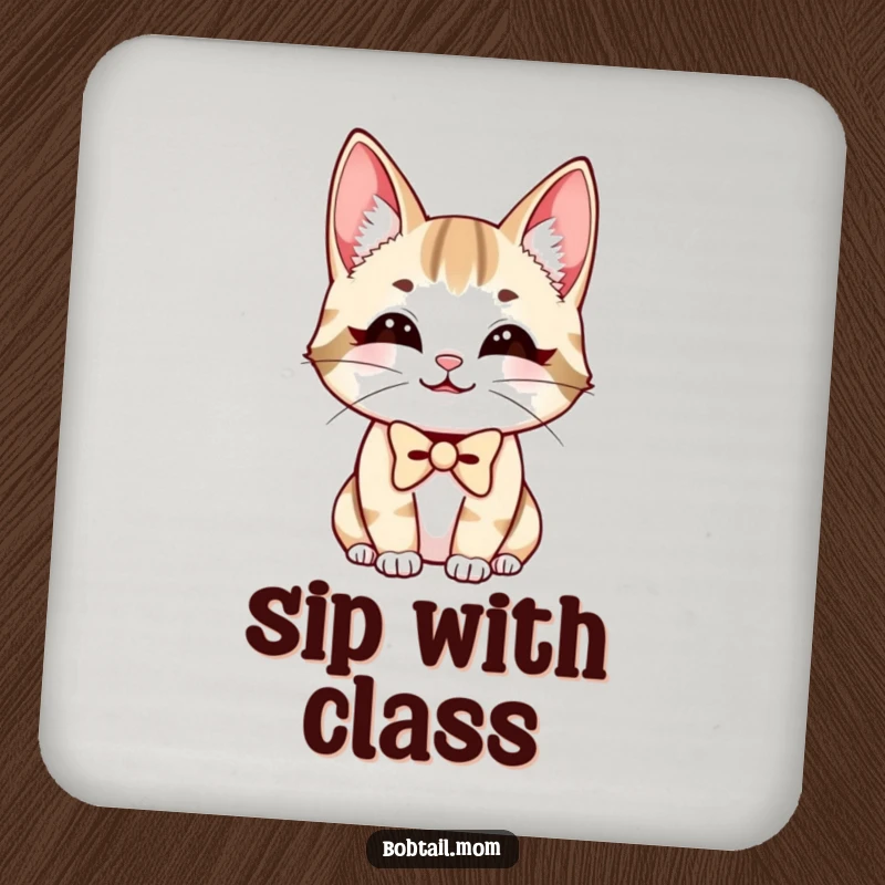 Funny Bobtail Cat Coaster showing a charmingly smiling cat wearing a smart bowtie, protecting surfaces humorously.