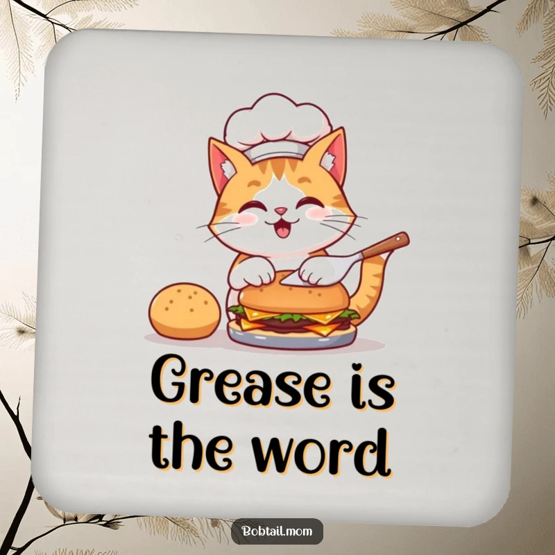 Funny drink coaster with a bobtail cat chef in a hat, flipping a burger, adding a dash of culinary fun.