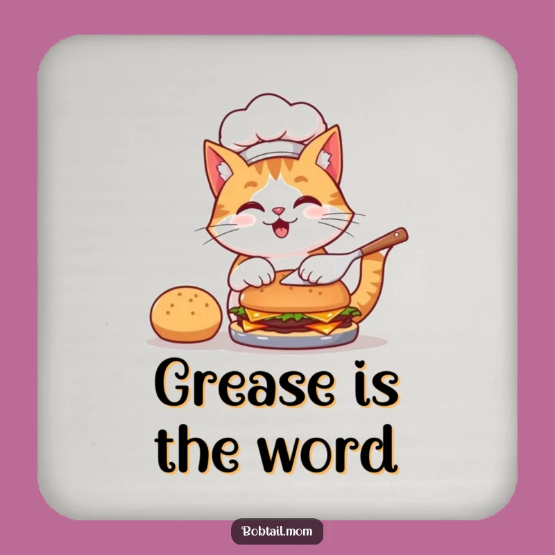 Funny Bobtail Cat Chef Drink Coaster: Protect Surfaces with Hilarious Burger Flipping Art