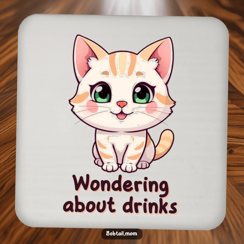 Funny Bobtail cat character coaster, illustrated with a happy expression and a curious glance, adding humor to drink protection.