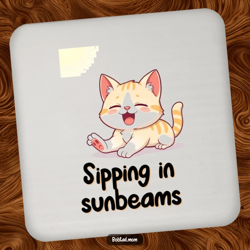 Funny drink coaster featuring a cute Bobtail cat stretching and yawning in the sunlight, adding cozy charm.