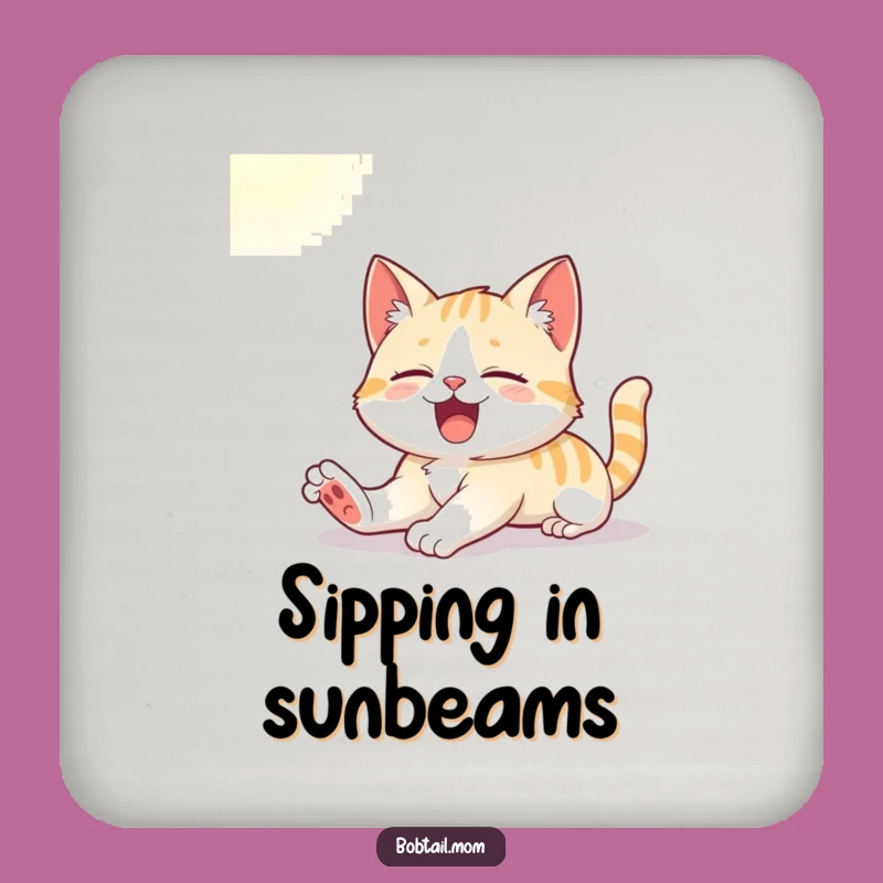 Funny Bobtail Cat Coaster: Cute Cat Yawning in Sunlight