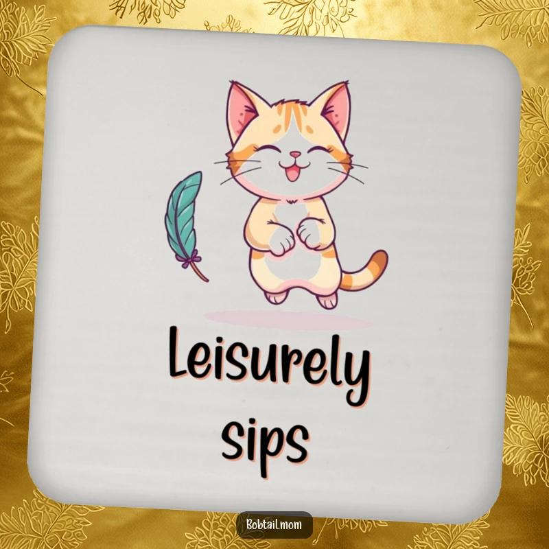 Funny Bobtail cat character coaster, illustrated mid-playful leap, chasing a feather toy, adding humor to drink protection.