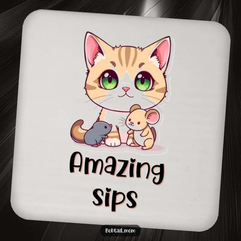 Funny Bobtail Cat Coaster with a Bobtail cat's large pupils, looking with wonder at a toy mouse, offering cute surface protection.