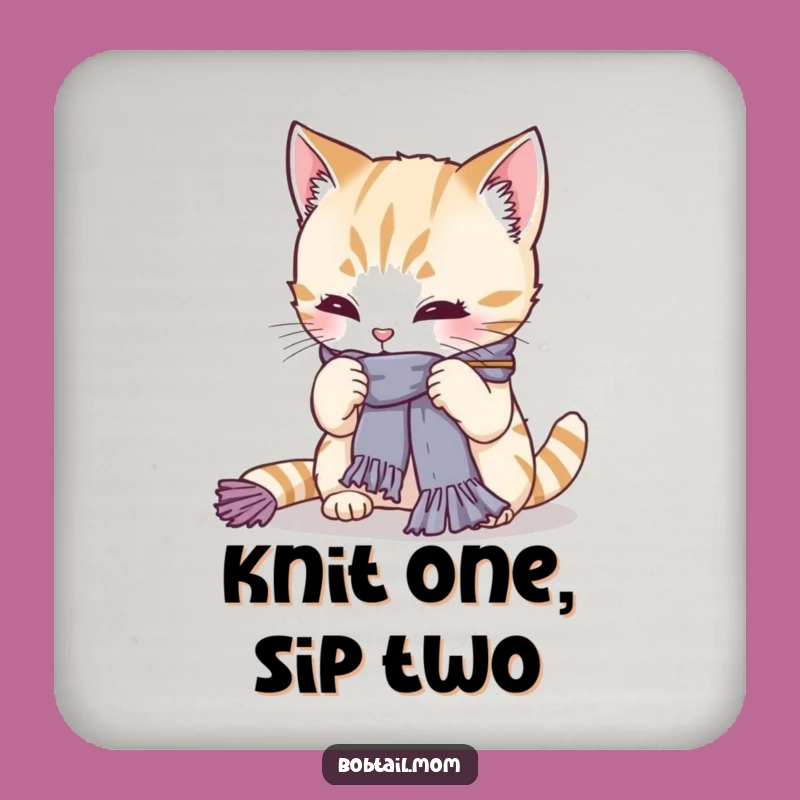 Funny Bobtail Cat Knitting Coaster Set: Protect Surfaces with Feline Crafty Humor