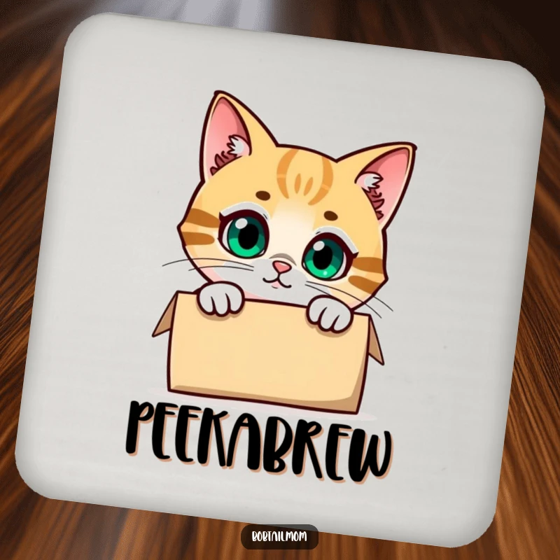 Funny Bobtail Cat Coasters designed with a cute cat peeking curiously from a box, offering protection and a touch of humor.