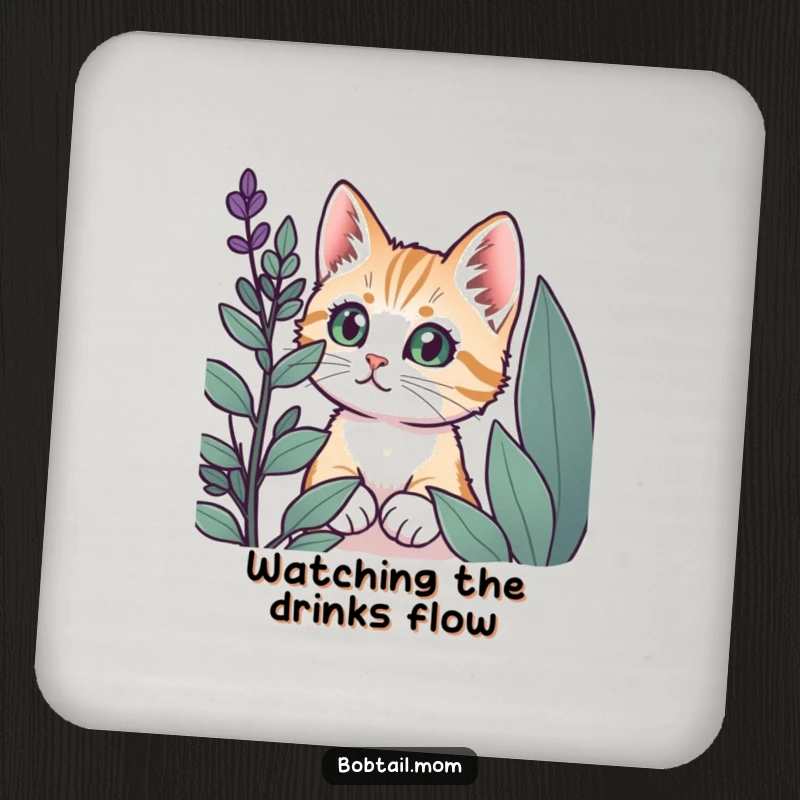 Funny Bobtail cat with wide eyes peeking from behind a plant, printed on a protective drink coaster.