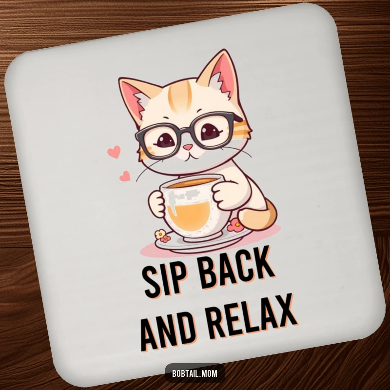 Funny drink coaster with a bobtail cat wearing reading glasses, holding a teacup, adding a literary flair.