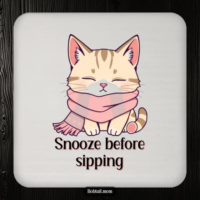 Funny bobtail cat wearing a scarf, napping contentedly, on a set of drink coasters.