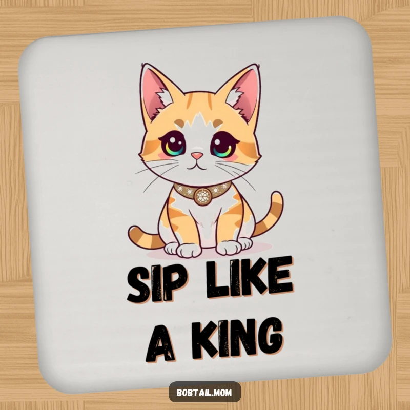 Funny Bobtail cat wearing a sparkly collar, surveying the room, offering regal and humorous surface protection.