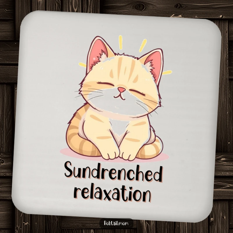 Funny Bobtail cat peacefully napping in a sunbeam, printed on a protective drink coaster.