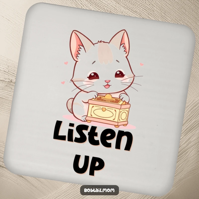 Funny Bobtail Drink Coasters showcasing a dog with twitching ears listening to a miniature music box, protecting surfaces with humor.