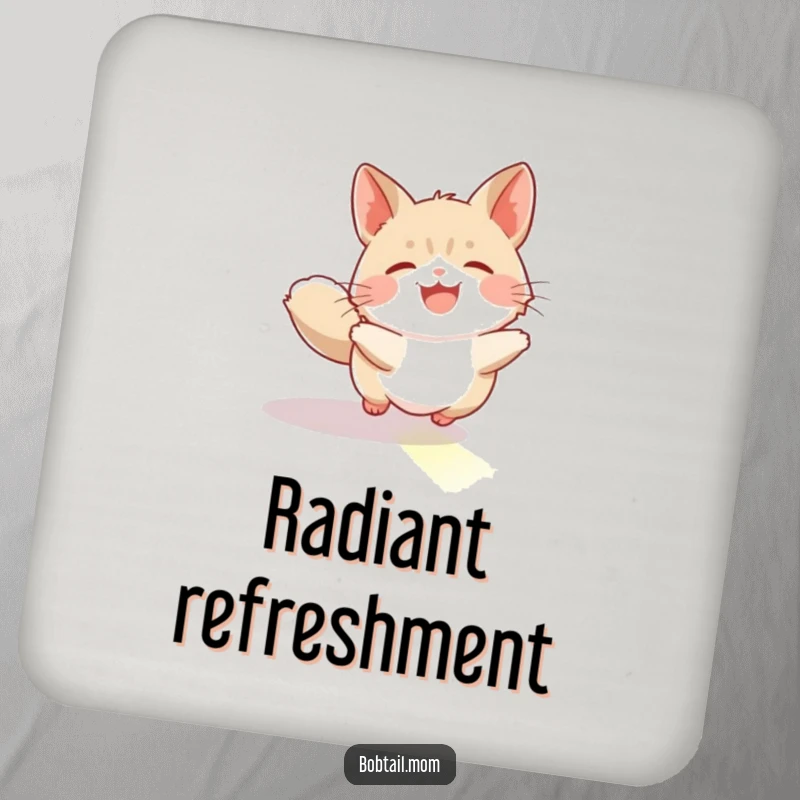 Funny Bobtail Coaster: A bobtail cat joyfully chasing a sunbeam, protecting surfaces with happy humor.